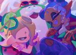  1boy 2girls big_man_(splatoon) big_man_(summer_nights)_(splatoon) blonde_hair blue_hair blue_pants blue_tongue blueberry cephalopod_eyes closed_eyes colored_extremities colored_eyelashes colored_tongue crop_top dark-skinned_female dark_skin fangs food food_on_head fruit frye_(splatoon) frye_(summer_nights)_(splatoon) gradient_hair grin hair_ornament hair_over_one_eye hair_stick horizontal_pupils inkling ka1_(k4k37) lime_(fruit) lime_slice long_eyelashes long_pointy_ears medium_hair midriff multicolored_hair multiple_girls object_on_head octoling official_alternate_color official_alternate_costume one_eye_covered open_mouth pants parted_lips pointy_ears purple_hair red_eyes shirt shiver_(splatoon) shiver_(summer_nights)_(splatoon) smile splatoon_(series) splatoon_3 tentacle_hair torn_clothes torn_pants unfinished white_shirt 