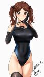  1girl absurdres amagami bikini black_choker black_gloves black_one-piece_swimsuit black_ribbon black_thighhighs blue_one-piece_swimsuit blush breasts brown_eyes brown_hair choker commentary_request competition_swimsuit cowboy_shot dated elbow_gloves gloves hair_ribbon hand_on_own_cheek hand_on_own_chest hand_on_own_face highleg highleg_bikini highleg_one-piece_swimsuit highres large_breasts looking_at_viewer nakata_sae one-piece_swimsuit parted_lips ribbon signature simple_background solo standing swimsuit thighhighs twintails two-tone_one-piece_swimsuit white_background yoo_tenchi 