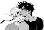 2boys battle_tendency caesar_anthonio_zeppeli closed_mouth commentary_request crew_neck eyelashes facial_mark hair_wings headband highres jojo_no_kimyou_na_bouken joseph_joestar joseph_joestar_(young) looking_ahead looking_to_the_side male_focus multiple_boys rnrfml shirt short_hair short_sideburns simple_background star_(symbol) t-shirt tank_top thick_eyebrows upper_body white_background 