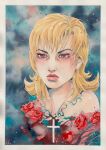  1girl absurdres bare_shoulders blonde_hair cross english_commentary eyelashes flower flower_ornament highres jewelry jojo_no_kimyou_na_bouken long_hair lucy_steel necklace painting_(medium) pink_lips portrait red_eyes red_flower red_rose rose solo steel_ball_run traditional_media watercolor_(medium) xfkart 