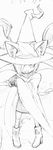  animal_ears bangs boots cat_ears copyright_request greyscale hair_over_one_eye hat monochrome nanashin parted_bangs sketch smile solo thighhighs witch witch_hat 