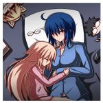  3girls :3 aged_down alternate_costume arcueid_brunestud black_hair blonde_hair blue_hair blue_pajamas breasts character_doll ciel_(tsukihime) doll eco-arc glasses highres knife large_breasts long_hair multiple_girls neco-arc neco_spirit pajamas pillow pink_pajamas short_hair sleeping tohno_shiki tsukihime tsukihime_(remake) zeon132 