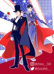  2boys ahoge alternate_costume armor armored_boots bad_id bad_twitter_id bishoujo_senshi_sailor_moon black_cape black_eyes black_hair black_hat black_jacket black_pants black_shoes black_suit blazer blue_background blue_boots blue_cape blue_gloves blue_pants boots bow bowtie breastplate cape cartoonized chiba_mamoru chocofish clenched_hand closed_mouth collared_shirt commentary dress_pants dress_shoes dual_persona english_commentary expressionless flower full_body gloves halftone halftone_background happy hat high_collar highres holding holding_flower instagram_username jacket knee_boots light_frown light_particles long_sleeves magical_boy male_focus mask masquerade_mask military_uniform multiple_boys open_clothes open_jacket outline pants parody parted_bangs red_background red_cape red_flower red_rose rose shirt shoes short_hair sleeve_cuffs smile sparkle style_parody suit toon_(style) top_hat traditional_bowtie tuxedo_kamen twitter_username two-sided_cape two-sided_fabric two-tone_background watermark white_bow white_bowtie white_gloves white_mask white_outline white_shirt winx_club 
