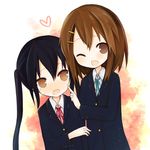  amakaze_sora black_hair blush brown_eyes brown_hair hair_ornament hairclip heart hirasawa_yui k-on! long_hair lowres multiple_girls nakano_azusa one_eye_closed short_hair tears twintails 