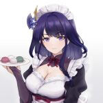  1girl 3113313545 alternate_costume apron back_bow black_dress blue_flower bow braid breasts bridal_gauntlets chinese_commentary cleavage closed_mouth commentary_request dress enmaided fan_hair_ornament flower food frills genshin_impact hair_flower hair_ornament hand_up holding holding_plate juliet_sleeves large_breasts long_hair long_sleeves looking_at_viewer maid maid_headdress mochi mole mole_under_eye neck_ribbon plate puffy_sleeves purple_bow purple_eyes purple_flower purple_hair purple_ribbon raiden_shogun ribbon sidelocks simple_background single_braid smile solo upper_body wagashi white_apron white_background white_bow 