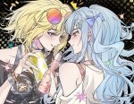  2girls absurdres bang_dream! bang_dream!_it&#039;s_mygo!!!!! black_shirt blue_bow blue_hair blush bottle bow bracelet can chinese_commentary closed_mouth clothing_cutout commentary_request ear_piercing earrings eyewear_on_head glint gradient_eyes hair_between_eyes hair_bow hero45439083942 highres holding holding_bottle holding_can jewelry linked_piercing long_hair misumi_uika multicolored_eyes multiple_girls open_mouth piercing purple_eyes ramune ring shirt shoulder_cutout sidelocks togawa_sakiko upper_body white_shirt yellow_eyes 