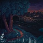  animated animated_gif artist_name bug city city_lights firefly flower grass lamppost lily_of_the_valley looping_animation moertel mountainous_horizon night no_humans original outdoors path pixel_art railing scenery sky tree white_flower 