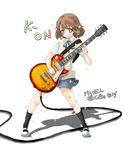  1girl :&lt; brown_eyes brown_hair guitar haruken hirasawa_yui instrument k-on! legs pout school_uniform short_hair solo sparkle translation_request 