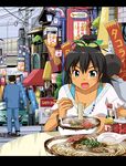  :d banner benishouga black_hair blue_eyes bow breasts car casual chopsticks cleavage earrings eating food ganaha_hibiki ground_vehicle hair_bow hoop_earrings idolmaster idolmaster_(classic) inogashira_gorou jewelry kodoku_no_gourmet kooribata kozou_(rifa) lamppost large_breasts letterboxed long_hair manhole meat motor_vehicle nobori noodles okinawa_soba open_mouth peppers ponytail pov power_lines ramen real_world_location road scenery shop sign smile solo_focus spoon steam street table telephone_pole tokyo_(city) transformer 