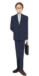  1boy arm_behind_back blue_suit briefcase brown_eyes brown_hair brown_shoes cameron_bloom dress_shoes full_body glasses gundam gundam_gquuuuuux highres holding holding_briefcase lapel_pin looking_at_viewer male_focus official_art shoes short_hair simple_background solo standing suit transparent_background turtleneck 