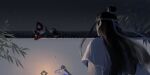  2boys black_boots black_hair black_hanfu boots chinese_clothes grey_pants hanfu headband high_ponytail holding_jug jug_(bottle) lan_wangji leaf long_hair long_sleeves looking_ahead lying male_focus modao_zushi multiple_boys night night_sky on_side on_wall open_mouth pants ponytail sky smile star_(sky) sword sword_tassel tassel topknot tree upper_body weapon wei_wuxian white_hanfu white_headband xianduguaitan xiao_guan_(headdress) 