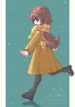  1girl alternate_costume amari_(ama_shiiiiiiba) animal_ears arms_at_sides black_boots black_pantyhose bone_hair_ornament boots brown_eyes brown_hair coat commentary_request dog_ears dog_girl dog_tail fang from_side full_body hair_ornament hairclip highres hololive inugami_korone long_hair long_sleeves nail_polish pantyhose partial_commentary scarf snowing solo tail tail_through_clothes virtual_youtuber yellow_coat yellow_nails yellow_scarf 