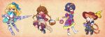  1other 3girls ahoge alice&#039;s_adventures_in_wonderland alice_(alice_in_wonderland) angry armor ascot basket bell black_hair black_jacket black_pantyhose black_shoes blonde_hair blue_bow blue_coat blue_dress blue_eyes blue_jacket blue_sleeves bomb boots bow brown_background brown_fur brown_hair brown_hat capelet coat collared_dress combat_boots commentary_request detached_sleeves dress eating explosive fighting_stance fingerless_gloves flower food frilled_dress frilled_ribbon frilled_tunic frills from_side fruit full_body gauntlets gloves greaves green_eyes hair_flower hair_ornament hand_on_hilt hat hat_feather holding holding_basket holding_food holding_fruit holding_polearm holding_weapon hood hooded_jacket jacket jingle_bell k0580t knee_boots knight lance lit_fuse little_red_riding_hood_(fairy_tale) little_red_riding_hood_(fairy_tale_character) looking_at_viewer looking_to_the_side low_twintails medal medium_hair multicolored_dress multicolored_jacket multiple_girls multiple_tails orange_fur outstretched_arm panties pants pantyhose polearm puffy_short_sleeves puffy_sleeves puss_in_boots_(fairy_tale) puss_in_boots_(fairy_tale_character) red_ascot red_eyes red_ribbon red_sleeves red_tiara ribbon shoes short_sleeves skull_print sleeve_cuffs snow_white_(fairy_tale) snow_white_(fairy_tale_character) striped_clothes striped_pants tail tunic twintails two-tone_jacket two-tone_pantyhose two-tone_skirt underwear weapon white_dress white_gloves white_panties white_shoes white_tunic yellow_capelet yellow_eyes yellow_trim 