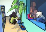 2025 ambiguous_gender ambiguous_human animated_skeleton anthro banana black_hair blue_clothing blue_sweater blue_topwear bone box cash_register clothed clothed_anthro clothed_human clothing container convenience_store crouching deltarune detailed_background directional_arrow egg female female_anthro floor food fruit glistening glistening_hair grin group hair hi_res hoodie human inside kris_(deltarune) long_hair looking_at_another male mammal palm_tree plant purple_hair rikokyu sans_(undertale) scalie skeleton skull smile storage_room susie_(deltarune) sweater tile tile_floor topwear tree trio undead undertale_(series)