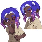  1boy absurdres breast_pocket brown_shirt closed_mouth collared_shirt colored_tongue dark-skinned_male dark_skin dress_shirt fang highres male_focus medium_hair multicolored_eyes multiple_views octoling octoling_boy octoling_player_character open_mouth parted_bangs pocket purple_eyes purple_hair purple_pupils purple_tongue red_eyes shirt simple_background smile splatoon_(series) splatoon_3 surume01417 tentacle_hair thick_eyebrows two-tone_eyes white_background 
