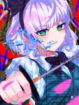  absurdres black_bow black_bowtie black_hairband bow bowtie ghost green_vest grey_hair hairband highres hirwannew hitodama hitodama_print katana konpaku_youmu scabbard sheath short_hair skirt skirt_set sword touhou triangular_headpiece vest wakizashi weapon 