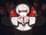  1boy :p absurdres bags_under_eyes black_eyes black_shirt blonde_hair buttons card character_doll character_name dark_background dart death_note doll double_thumbs_down empty_eyes evidence_board finger_puppet fingernails grey_hair hair_between_eyes hands_up highres l_(death_note) long_sleeves looking_at_viewer male_focus mello_(death_note) mikami_teru n_a994014 near_(death_note) one_eye_closed open_mouth own_hands_together photo_(object) playing_card puppet red_background shirt short_hair sidelocks skull solo spotlight straight-on string thumbs_down thumbtack tongue tongue_out toy upper_body v-neck white_shirt yagami_light 