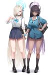  2girls absurdres aqua_nails aqua_scrunchie asuna_(blue_archive) asuna_(school_uniform)_(blue_archive) black_hair black_shoes black_skirt black_socks blonde_hair blue_archive blue_bow blue_bowtie blue_eyes blue_halo blush bow bowtie cardigan commentary_request dark-skinned_female dark_skin full_body gyaru halo highres holding_hands interlocked_fingers karin_(blue_archive) karin_(school_uniform)_(blue_archive) kneehighs kogal long_hair looking_at_viewer mikelee0614 multiple_girls pleated_skirt purple_halo scrunchie shirt shoes simple_background skirt socks white_background white_shirt wrist_scrunchie yellow_eyes 