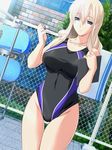  blonde_hair blue_eyes breasts brick chain-link_fence clipboard competition_swimsuit day fence game_cg grass highleg highleg_swimsuit hoshino_minamo impossible_clothes impossible_swimsuit kickboard large_breasts long_hair m&amp;m navel one-piece_swimsuit outdoors poolside smile solo splash! standing swimsuit thigh_gap thighs whistle 