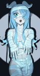 1girl :o absurdres alternate_costume aqua_eyes asymmetrical_bangs asymmetrical_sidelocks bandaged_arm bandaged_chest bandaged_hand bandaged_head bandaged_leg bandaged_torso bandaged_waist bandages bare_shoulders blue_hair blue_wings breasts chest_sarashi cleavage colored_tips commentary cross-shaped_pupils dark dot_nose elira_pendora english_commentary eyebrows_hidden_by_hair fangs green_eyes groin hair_over_one_eye hair_wings halloween halloween_costume head_wings highres karassawa leg_up long_eyelashes long_hair looking_at_viewer loose_bandages multicolored_hair mummy_costume naked_bandage navel nijisanji nijisanji_en open_hands open_mouth outstretched_arms pale_skin parted_bangs raised_eyebrows sarashi shadow solo spotlight standing straight-on streaked_hair symbol-shaped_pupils teeth thick_eyelashes thighs two-tone_hair two-tone_wings upper_teeth_only very_long_hair virtual_youtuber white_hair white_streaks white_wings wide-eyed wide_hips wings zombie_pose 