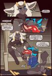 absurd_res anthro biped blue_eyes blue_hair bodily_fluids body_worship bottomless bovid canid canine caprine clothed clothing dialogue duo erection genital_fluids genital_worship genitals goat hair heart_symbol hi_res male male/male mammal nintendo penile penis penis_worship pink_nose precum rauru_(tears_of_the_kingdom) saliva sitting speech_bubble tears_of_the_kingdom teeth the_legend_of_zelda tongue youwannaslap zonai