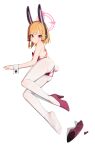  1girl absurdres animal_ears ass blonde_hair blue_archive closed_mouth fake_animal_ears fake_tail full_body halo high_heels highres holypotato0 legs leotard lying momoi_(blue_archive) on_side pantyhose pink_eyes pink_halo playboy_bunny rabbit_ears red_leotard red_shoes shoes simple_background single_shoe solo tail unworn_shoes white_background white_pantyhose white_wrist_cuffs wrist_cuffs 