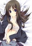  akiyama_mio black_hair blue_eyes blush bra breasts cleavage k-on! kuwashima_rein lingerie long_hair lying medium_breasts open_clothes open_shirt school_uniform shirt solo underwear undressing white_bra 