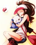  :&gt; asahikawa_hiyori blush brown_eyes closed_eyes gen_5_pokemon hat hug oshawott poke_ball pokemon pokemon_(creature) pokemon_(game) pokemon_bw touko_(pokemon) 