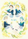  4boys black_socks blonde_hair blue_hair blue_pants blue_shirt blue_shorts blush boots brown_hair closed_mouth ensemble_stars! flower hair_between_eyes hat highres holding holding_flower hugging_own_legs invisible_chair invisible_floor leaf long_sleeves looking_at_viewer male_focus mashiro_tomoya masking_tape_(medium) multiple_boys neck_ribbon nito_nazuna nostrils oikoko_koko open_mouth pants pants_rolled_up rabbits_(ensemble_stars!) ribbon sailor_collar sailor_hat sailor_shirt shino_hajime shirt short_hair shorts sidelocks sitting smile socks teeth tenma_maemi trap unconventional_media upper_teeth_only white_background white_boots white_sailor_collar yellow_flower yellow_ribbon 