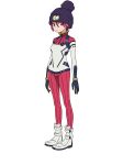  amate_yuzuriha beanie black_gloves bodysuit boots bracelet full_body gloves green_eyes gundam gundam_gquuuuuux hat highres jewelry knit_hat long_sleeves looking_at_viewer mecha_pilot_suit official_art pants pom_pom_(clothes) pom_pom_hat_ornament red_hair red_pants short_hair simple_background solo standing striped_clothes striped_pants transparent_background white_boots 