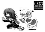  1boy 1girl armored_boots assassin_cross_(ragnarok_online) blush boots cape chibi chibi_only closed_eyes commentary_request cover cover_page double_bun doujin_cover eremes_guile full_body fur-trimmed_cape fur_trim gloves greyscale hair_bun heart high_wizard_(ragnarok_online) kathryne_keyron long_hair monochrome murasaki_kajima open_mouth pants pouncing ragnarok_online running scarf shirt short_hair simple_background smile white_background 
