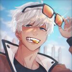  1boy adam's_apple ahoge biting_coin black_shirt black_trim blue_eyes blue_sky blurry brown_jacket cloud coin contrast_collar dark-skinned_male dark_skin depth_of_field earrings from_below glint grin highres holding holding_removed_eyewear jacket jewelry long_sleeves looking_at_viewer male_focus mammon_(obey_me!) mouth_hold obey_me!:_one_master_to_rule_them_all! popped_collar portrait raised_eyebrows removing_eyewear shade shirt short_hair sky smile solo stud_earrings sunglasses sushi_(ekakizu) swept_bangs unworn_eyewear white_hair white_nails wispy_bangs 