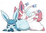 ambiguous_gender blue_body blue_ears blue_eyes blue_fur blush bow_ribbon duo eeveelution eyes_closed feral fur generation_4_pokemon generation_6_pokemon glaceon gloves_(marking) hi_res leg_markings lying lying_on_another mammal markings multicolored_body multicolored_fur narrowed_eyes nintendo on_front open_mouth pink_body pink_ears pink_fur pink_tail pokemon pokemon_(species) ribbons signature simple_background sleeping smile socks_(marking) sparkles sylveon tail tail_motion tailwag tontaro two_tone_body two_tone_fur watermark white_background white_body white_fur