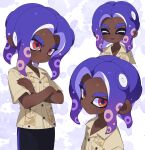  1boy absurdres breast_pocket brown_shirt closed_eyes closed_mouth collared_shirt colored_tongue crossed_arms dark-skinned_male dark_skin dress_shirt fingernails highres looking_at_viewer male_focus medium_hair multicolored_eyes multiple_views octoling octoling_boy octoling_player_character open_mouth parted_bangs pocket purple_eyes purple_hair purple_pupils purple_tongue red_eyes sharp_fingernails shirt short_sleeves smile splatoon_(series) splatoon_3 surume01417 tentacle_hair thick_eyebrows two-tone_eyes 