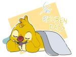 2025 4:3 alien ambiguous_gender antennae_(anatomy) anthro bedding biped blanket bodily_fluids buckteeth chest_tuft digital_drawing_(artwork) digital_media_(artwork) dipstick_antennae disney drooling english_text experiment_(lilo_and_stitch) eyes_closed fur joltik_0425 lilo_and_stitch male_(lore) multicolored_antennae open_mouth open_smile purple_tongue red_nose reuben_(lilo_and_stitch) saliva simple_background sleeping smile solo teeth text tongue tuft yellow_body yellow_fur