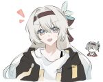  1boy 1girl black_jacket brown_hairband brown_ribbon caelus_(honkai:_star_rail) cosplay costume_switch firefly_(honkai:_star_rail) green_pupils grey_hair hair_between_eyes hair_intakes hair_ornament hair_ribbon hairband honkai:_star_rail honkai_(series) illyo_ill jacket long_hair multicolored_eyes open_clothes open_jacket open_mouth ribbon shirt simple_background smile trailblazer_(honkai:_star_rail) two-tone_eyes white_background white_shirt 