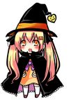  blonde_hair blush cape chibi halloween hat long_hair lowres mushi_baibai open_mouth orange_eyes original smile solo twintails witch_hat 