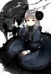  blurry branch breath depth_of_field dress horns kl light_smile long_hair original otacool red_eyes sheep silver_hair sitting smile solo 