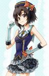  :3 antenna_hair black_eyes black_hair bow clenched_hands elbow_gloves gloves hand_on_hip hat hoshi_sukii idolmaster idolmaster_(classic) idolmaster_2 kikuchi_makoto plaid plaid_skirt schoolish_girl_(idolmaster) short_hair skirt smile solo 