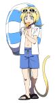  1boy alternate_costume arm_up blonde_hair blue_eyes blue_male_swimwear collarbone collared_shirt commentary_request contrapposto curtained_hair dede_(qwea_00000) drawstring eyewear_on_head final_fantasy final_fantasy_ix food food_in_mouth full_body holding holding_food holding_popsicle holding_swim_ring korean_commentary male_focus male_swimwear monkey_tail navel open_clothes open_shirt ponytail popsicle popsicle_in_mouth sandals shirt short_sleeves simple_background solo standing summer sunglasses swim_ring swim_trunks tail white_background white_shirt wing_collar zidane_tribal 