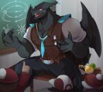 absurd_res belt black_body bottomwear chalkboard claws clothing generation_5_pokemon hi_res legendary_pokemon male muscular muscular_male naga_rajaf necktie nintendo pants pokemon pokemon_(species) shirt sitting solo topwear zekrom