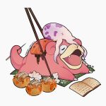  absurdres animal_on_head arelvab artist_name book chopsticks closed_eyes dead_animal fish_(food) food gift_art highres holding holding_chopsticks holding_with_chopsticks no_humans octopus on_head open_mouth pokemon pokemon_(creature) pokemon_focus sashimi seaweed simple_background slowpoke sushi takoyaki white_background 