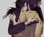  back black_hair clenched_teeth closed_eyes dissolving dual_persona fullmetal_alchemist greed grey_background hair_over_one_eye hand_on_another's_arm hand_on_another's_back hand_on_another's_head hug ling_yao long_hair long_sleeves low_ponytail male_focus multiple_boys ponytail sad simple_background spoilers teeth upper_body yama_(ba-ron) 
