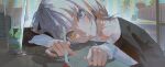  :3 absurdres bang_dream! bang_dream!_it&#039;s_mygo!!!!! blue_eyes cafe earrings eating food food_on_face head_on_hand head_on_table heterochromia highres holding holding_spoon jewelry jinj0121 kaname_raana matcha_(food) mygo!!!!!_(bang_dream!) short_hair sitting spoon white_hair wide_shot yellow_eyes 