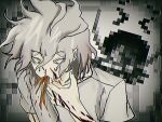  1boy blood blood_on_face blood_on_hands danganronpa_(series) danganronpa_2:_goodbye_despair emoji grey_background grey_eyes grey_hair hand_up highres komaeda_nagito male_focus pixelated short_hair solo upper_body uri_ka55 vomit vomiting 
