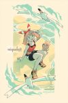  1girl :d artist_name beach bike_shorts bike_shorts_under_shorts black_shorts blue_eyes bow bow_hairband brown_hair full_body hair_bow hairband highres may_(pokemon) miyaulait on_ground open_mouth pokemon pokemon_(creature) pokemon_oras red_bow red_hairband red_shirt sand shirt shorts sleeveless sleeveless_shirt smile torchic water white_shorts wingull 