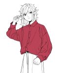  1boy arm_up belt belt_buckle buckle closed_mouth collared_shirt dress_shirt earrings hair_intakes hand_on_own_ear highres jewelry light_smile link long_pointy_ears long_sleeves looking_to_the_side male_focus medium_hair pants parted_bangs piercing pointy_ears red_shirt shirt shirt_tucked_in sideways_glance simple_background solo standing teto_ten the_legend_of_zelda the_legend_of_zelda:_breath_of_the_wild white_background wing_collar 