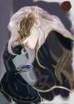  1boy afk_(series) afk_journey artist_name braid closed_mouth evergarden_1221 from_below from_side highres holding long_hair looking_at_viewer mask masquerade_mask pink_eyes pink_hair pointy_ears ravion_(afk) solo upper_body white_hair 