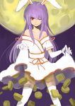  alternate_costume animal_ears breasts bunny_ears cleavage cookie dress dress_lift elbow_gloves food full_moon gloves highres japanese_clothes kimono long_hair medium_breasts moon mooncake off_shoulder one_eye_closed purple_hair red_eyes reisen_udongein_inaba sherrybt smile solo thighhighs touhou very_long_hair white_legwear 