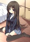  akiyama_mio bed black_hair blue_eyes k-on! kneeling kuwashima_rein long_hair school_uniform sitting solo thighhighs wariza 